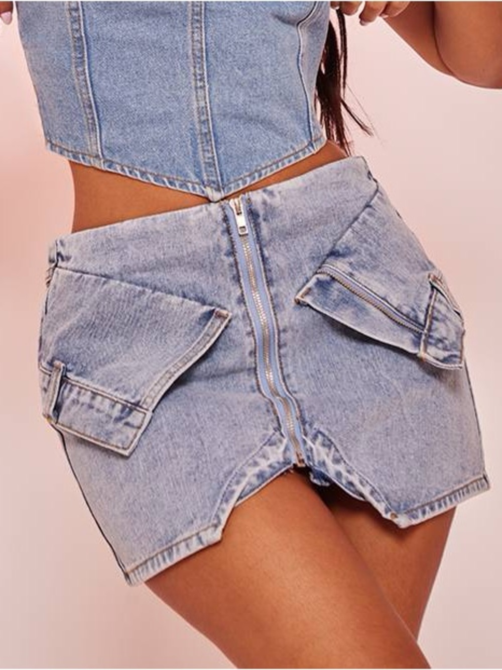 NWT PrettyLittleThing Petite Light Blue Wash Mini Pocket Front Denim Skirt Sz 2P